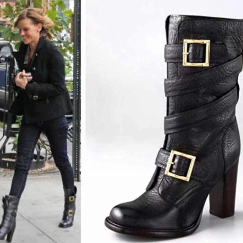 Tory Burch Jaden Strap Buckle Stack Heel Boots Black 7.5